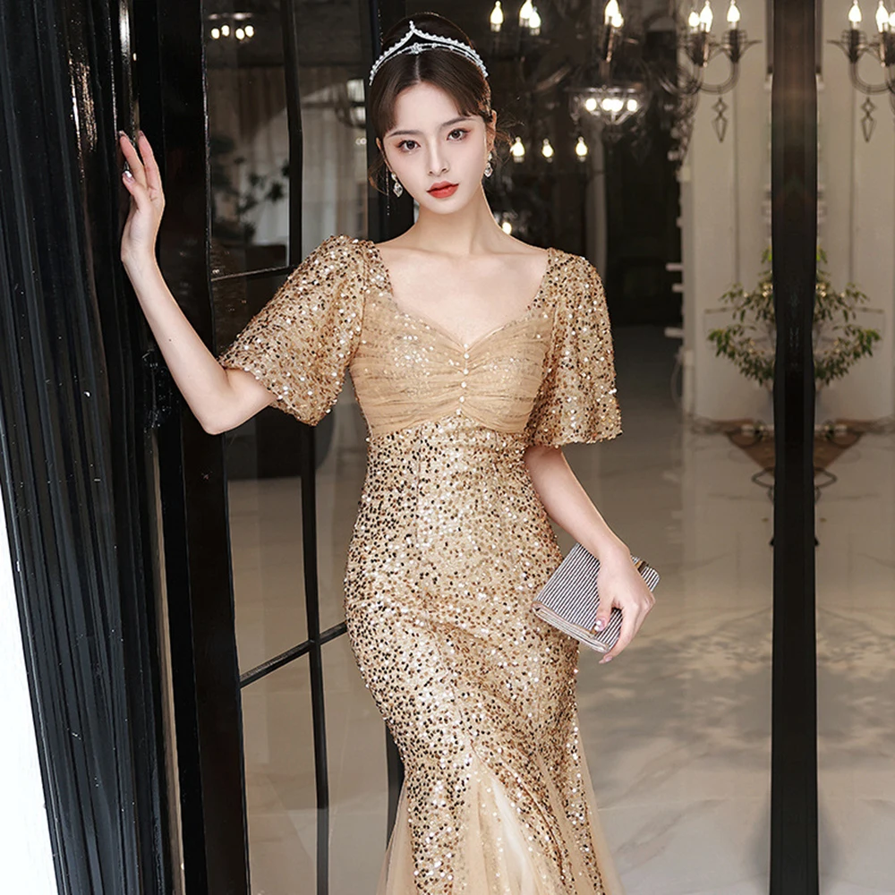 

Elegant Champagne Evening Dress Women Light Luxury Shinning Sequins V-Neck Collar Prom Gown Slim Fit Tulle Fishtail Vestido