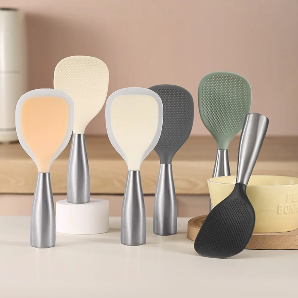 Colher de silicone com cabo de aço inoxidável, antiaderente, antiderrapante, resistente a altas temperaturas, utensílio de cozinha