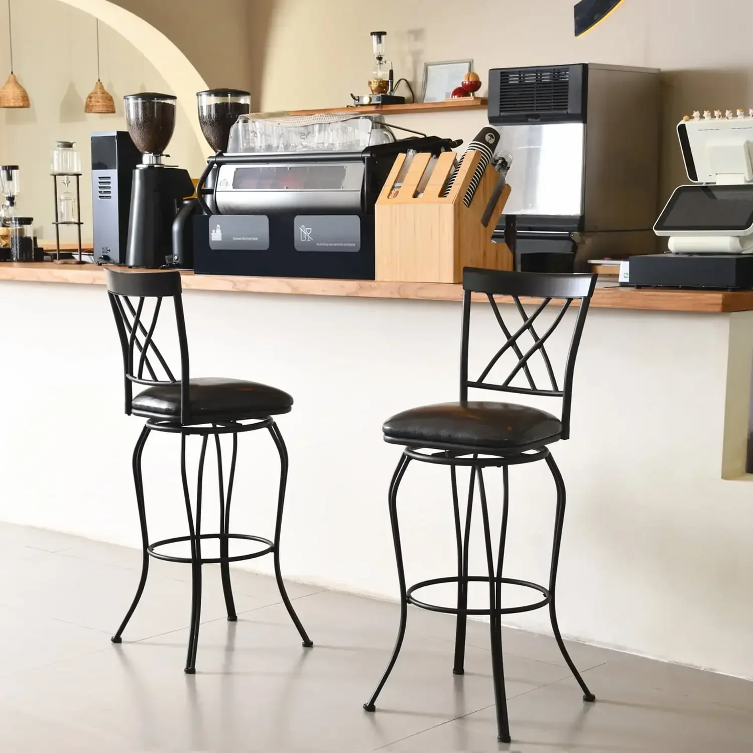 Conjunto de 2 bancos de bar de 30 polegadas, bancos giratórios acolchoados para ilha de cozinha, preto