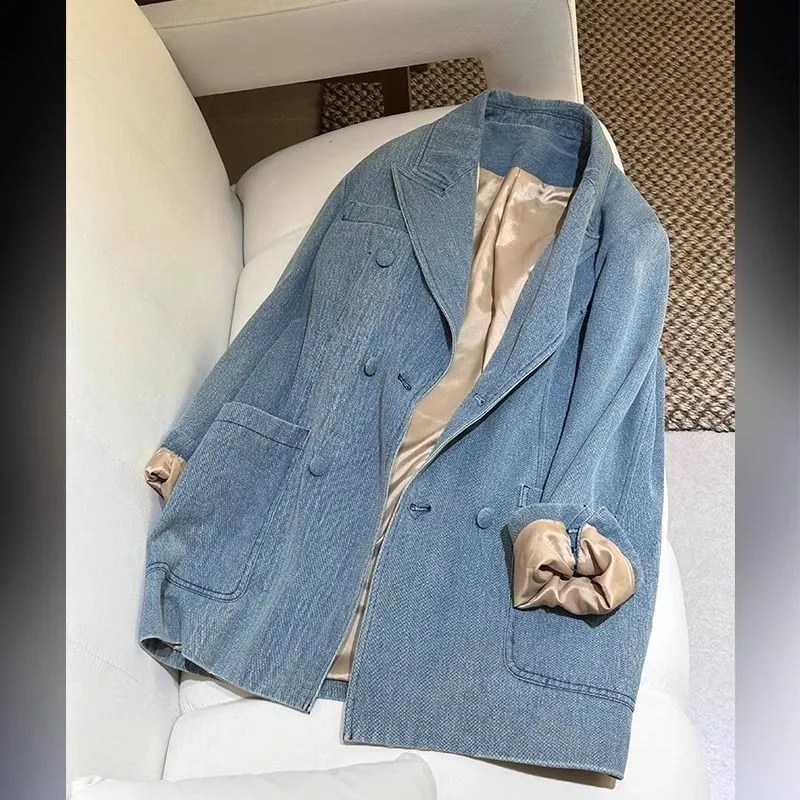 

Корейский стиль, синий джинсовый блейзер, женский пиджак с длинным рукавом, весна-осень, офисный женский костюм, свободный длинный пальто-жакет