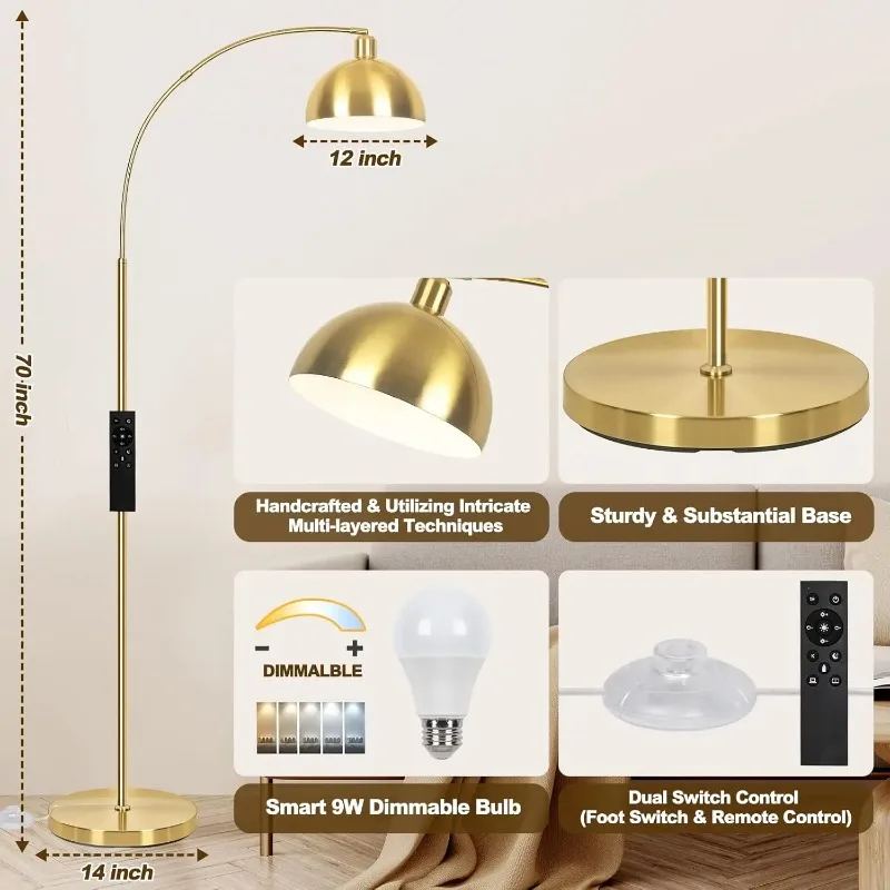 Remote Control & Color Temperature 9W LED Floor Lamps for Living Room - Stepless Dimmable Gold Tall Lamp