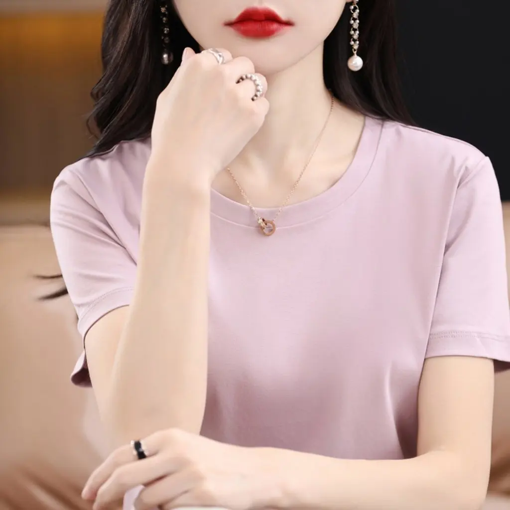 

Женская футболка из 80% мерсеризованного хлопка с короткими рукавами и круглым вырезом, базовый топ, белая, летняя, новая, универсальная, из чесаного хлопка