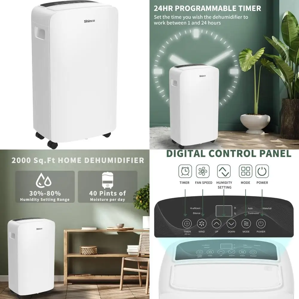 

40 Pint Home and Basement Dehumidifier, 2000 Sq.Ft Coverage, Drain Hose Included, Auto or Manual Drainage, Auto Defrost Feature