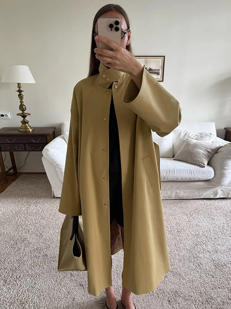 

Women Fashion Solid Maxi Coats Lapel Maxi Sleeves Single-breasted Pocket Jackets 2025 New Autumn Fashion Lady Street Outerwear