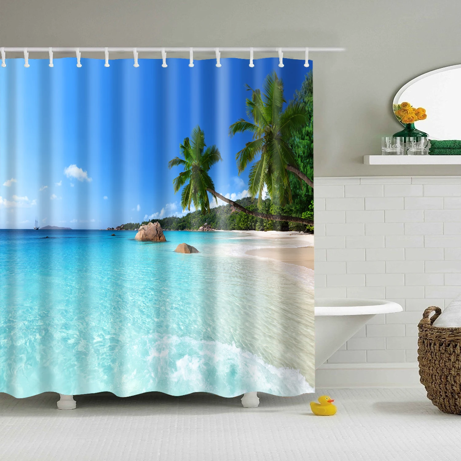 Blue Sky Beach Shower Curtain Modern Landscape Printing Bathroom 3D Shade Large for Bathroom