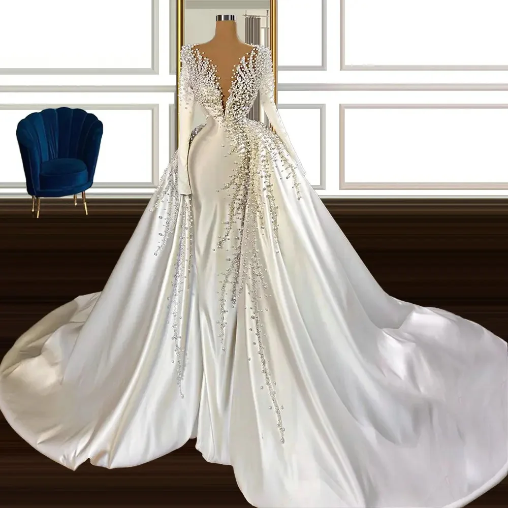 

One Shoulder Long Sleeve Mermaid Satin Wedding Dresses with Detachable Train Luxury Heavy Pearls Bridal Gowns