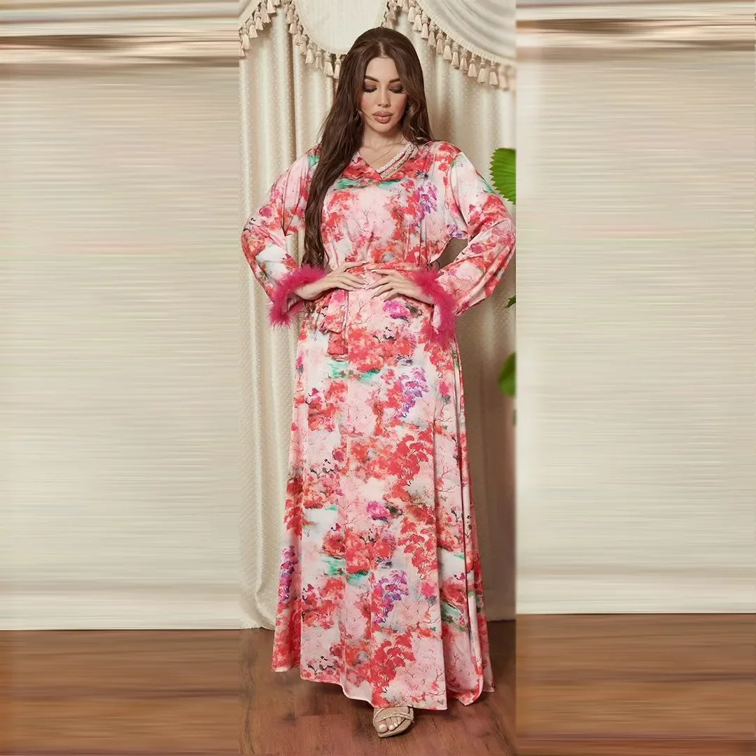 Floral Print Belted Dress Ink Halo Dyeing Abaya Diamonds Band V-neck Robe Elegant Feather Long Sleeves Femme Gown Muslim Robe