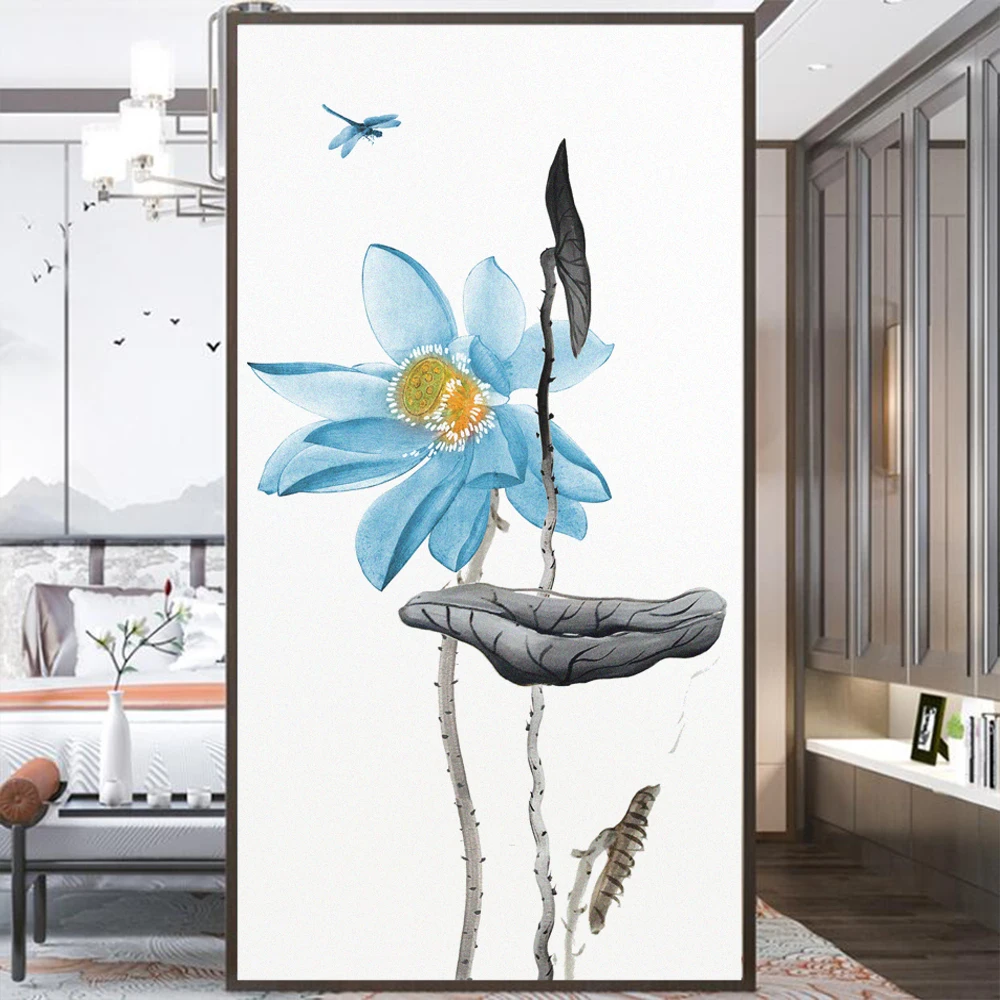 Privacy Window Film Ink Painting-Lotus Window Decoration No Glue Static Cling Frosted Glass Sticker for Home