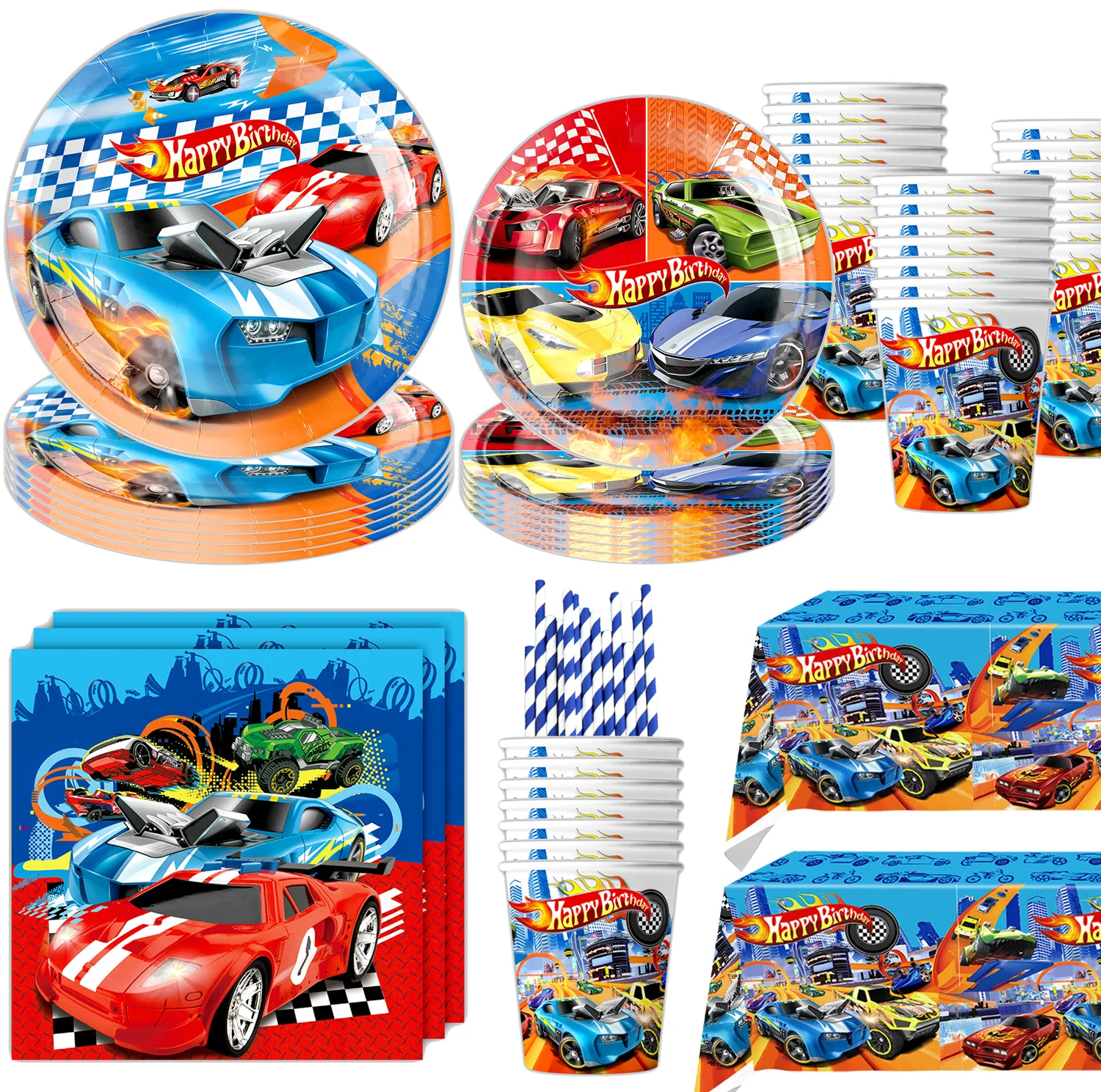 Hot Wheels-Décoration d'anniversaire pour enfants, nappe de poulet britannique, tasse, assiette, serviette, voiture de course, fête préChristophe, fournitures de fête