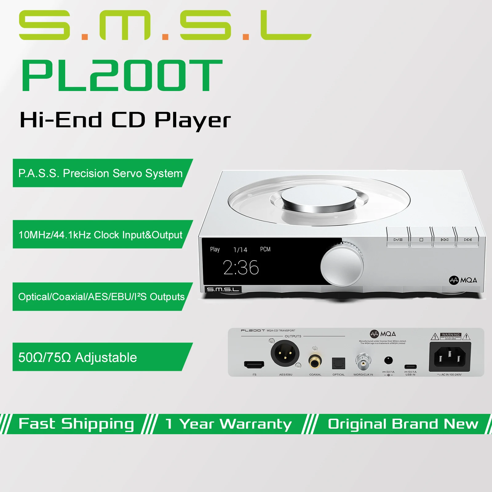SMSL PL200T Hi-Res CD-Player P.A.S.S. Präzisions-Servosystem USB 10MHz/44,1kHz Takt-Eingang Optischer Koaxial AES EBU I²S Ausgang