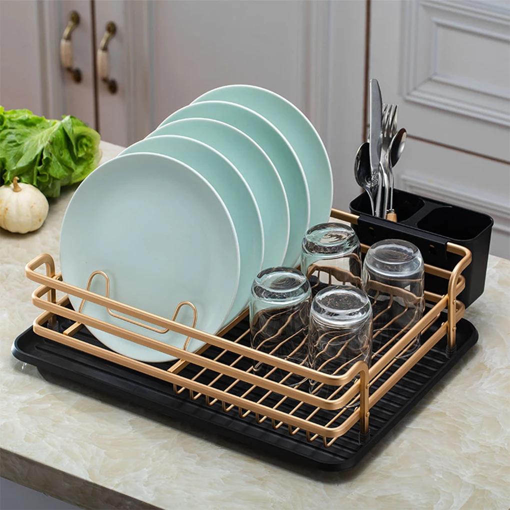 Home Aluminum Dish Drying Rack Apartment Bowl Cup Tableware Draining Organizer Dishes Detachable Holder Stand Gold Type