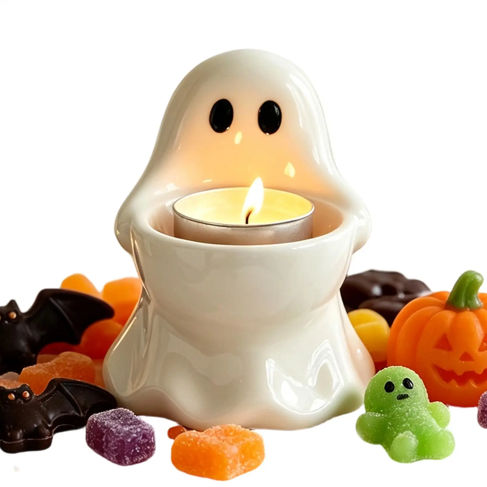 Mini Ceramic Ghost Candle Cup Stylish Halloween Desktop Ornament Spooky Festive Atmosphere Decoration For Indoor Room Party
