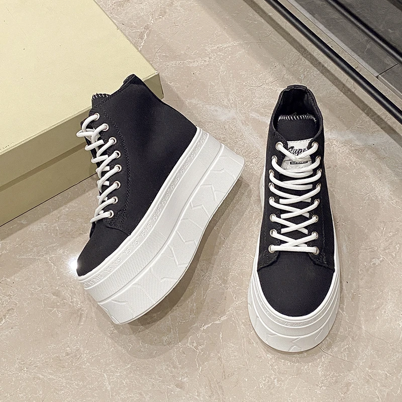 Women's Canvas Thick Bottom Heightening Platform Sneakers Spring New Style Breathable High Top Casual Sports Single Shoes - view 2