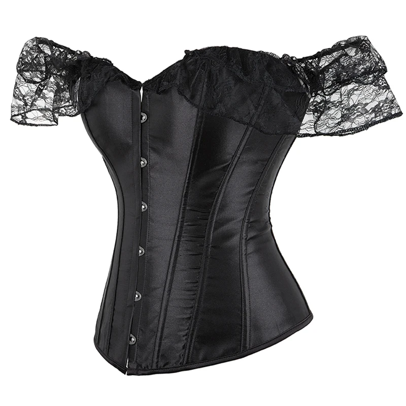 Stain Black White Overbust Corset Waist Bustier Top Corselet Steampunk Gorset With Lace Sleeves