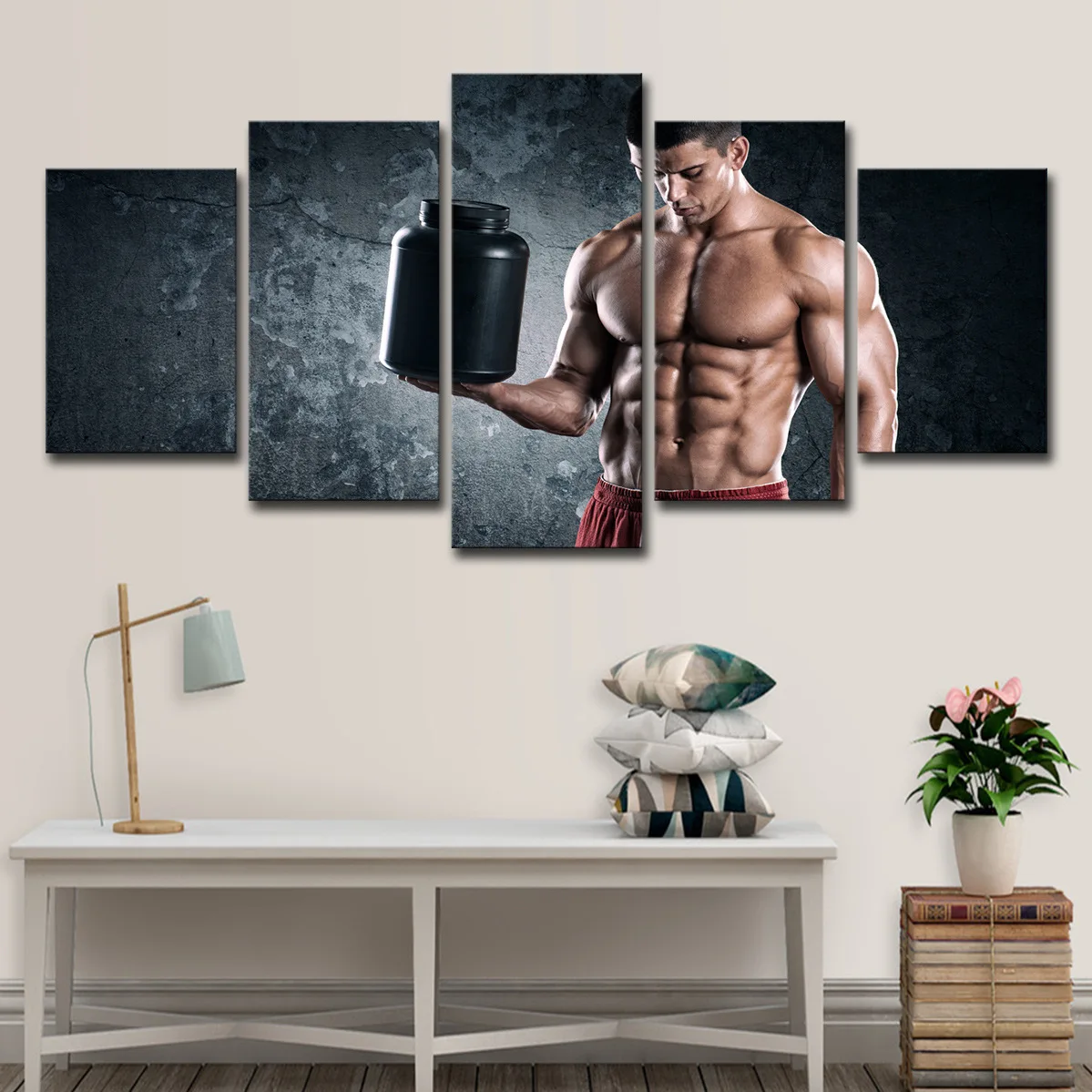 5 Panel Dumbbell Fitness Equipment Canvas Painting Healthy Sexy Muscle HD Pictures Posters for Gym Home Wall Art Decoration