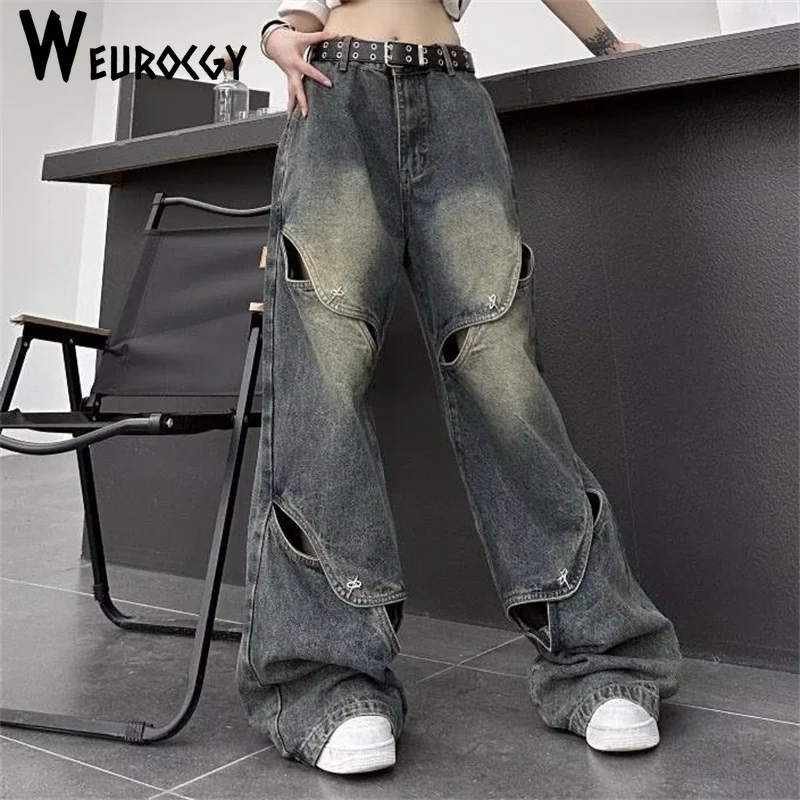 Women Pants New Style Ragged Splicing Washed Hollow Jeans Y2K American Retro Gothic Style Casual Loose Casual Wide-leg Pants