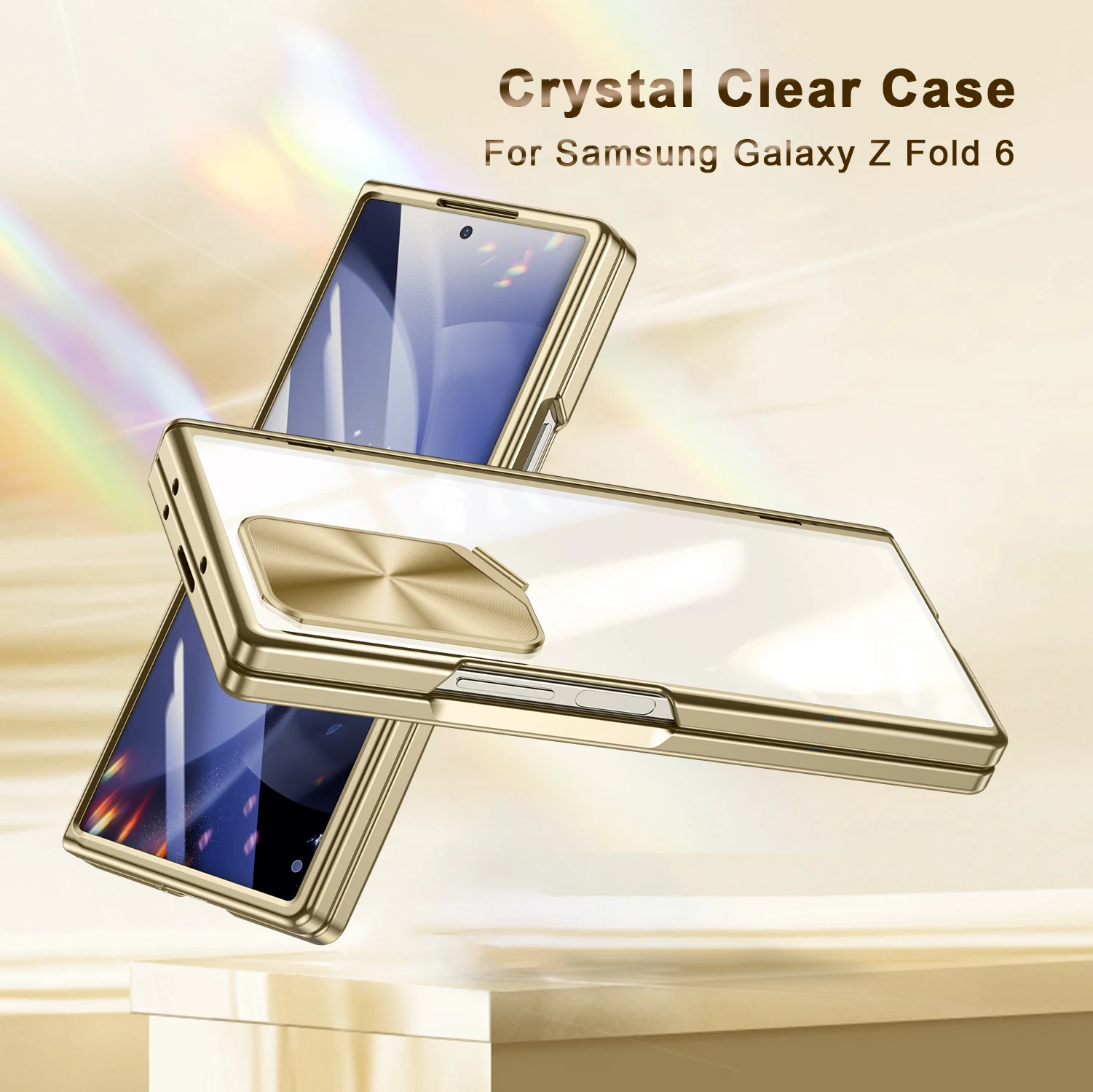 For Samsung Galaxy Z Fold 6 Case with Camear Cover & Holder Slim All-Inclusive Hinge Protection Electroplated Crystal Clear Case