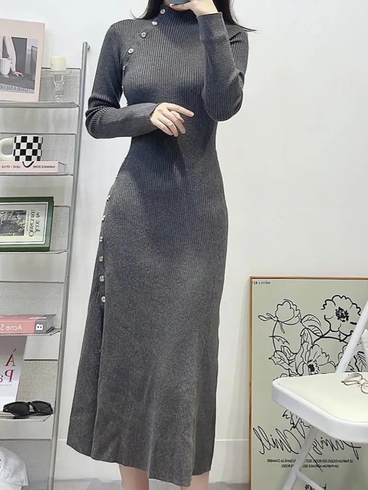 Women Single Breasted Midi Dress Half Turtleneck Long Sleeve Slit Ladies Spring 2024 Gray Robe