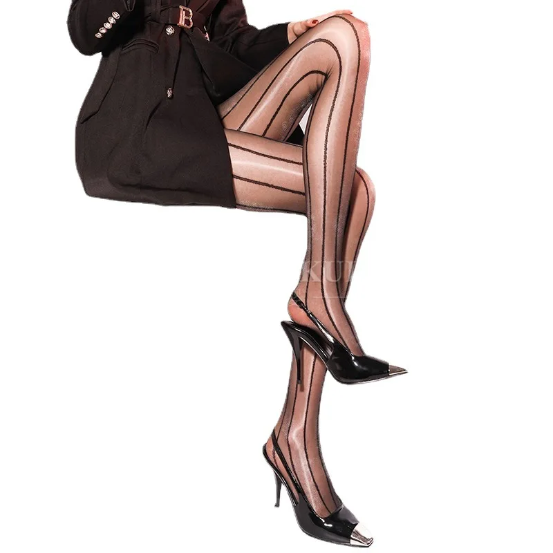 Rosesakura series eight vertical lines 7328 oil flash sleek smooth thin tights slim black silk stockings open fork