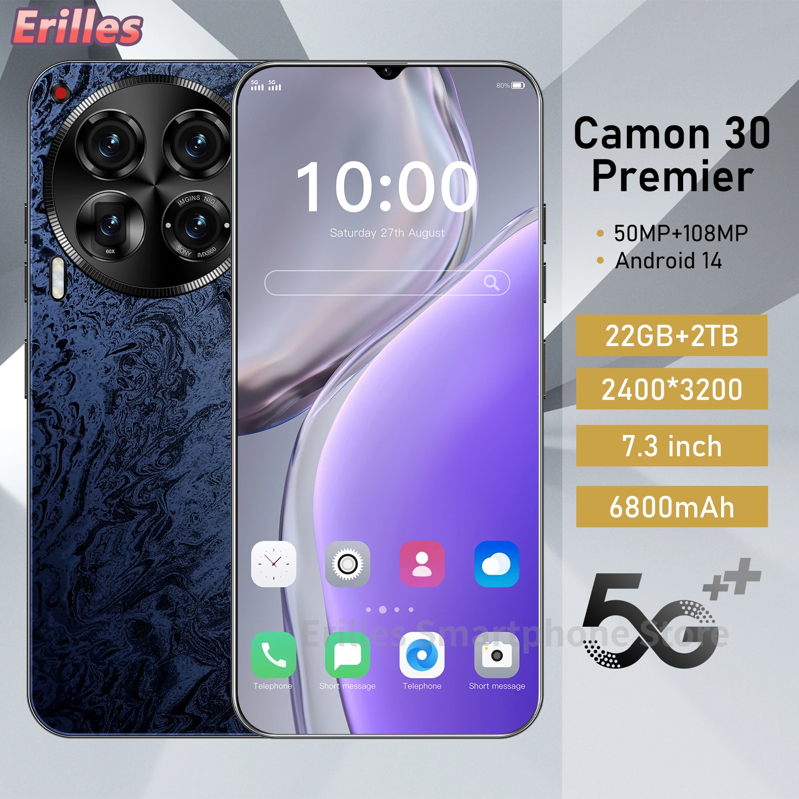 

Camon 30 Original Mobile Phones 7.3 HD Screen SmartPhone 22G+2T 5G Dual Sim Celulares Android Unlocked 6800mAh Cell celular NFC