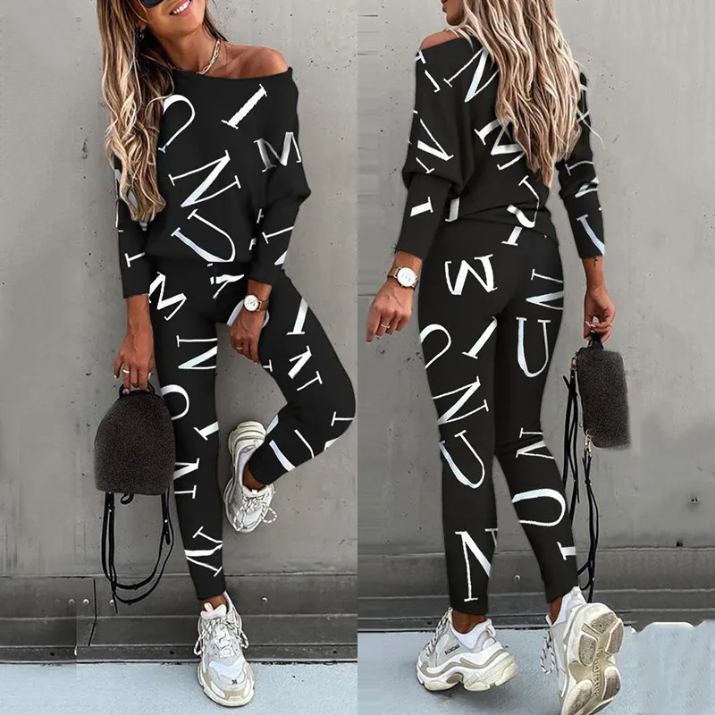 Women Sportswear Suit 2022 Autumn New Fashion Letter Print Fit One Shoulder Long Sleeve Top High Waist Drawstring Long Pants Set