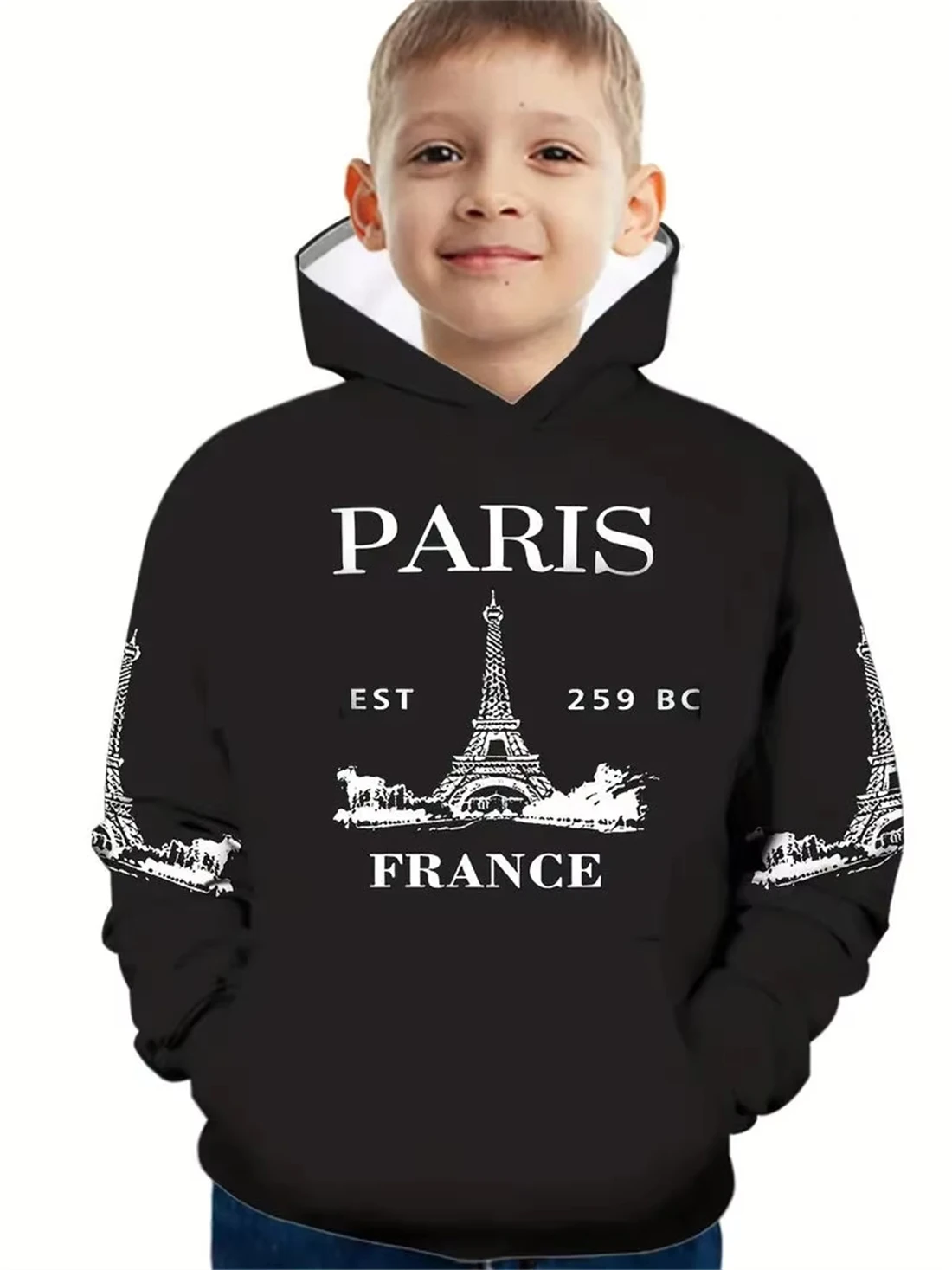 

Men's Sweatshirt New Paris Eiffel Tower Pattern 3d Print Student Pullover, Classic Fashion Trendy Boys' Hooded Sports Sweater