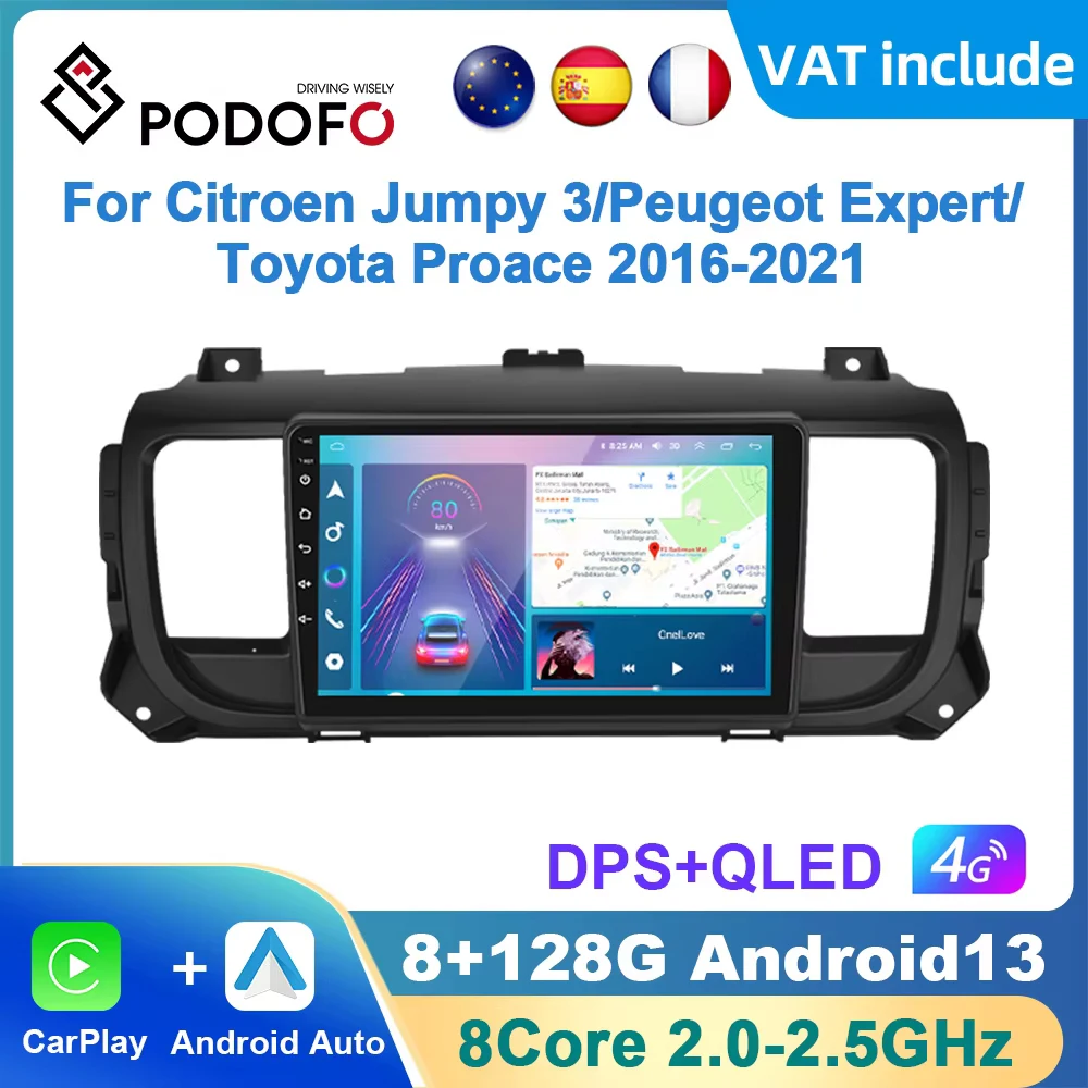 Podofo Android Carplay Car Radio For Citroen Jumpy 3/Peugeot Expert/Toyota Proace 2016-2021 Android Auto GPS Navigation RDS