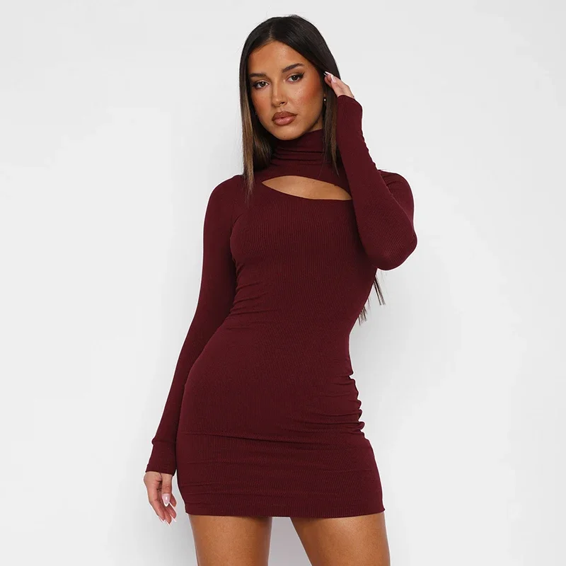 Solid Color Hollow Out Half High Neck Long Sleeve Elegantdress Sexy Package Hip Slim Pullover Dress Y2K 2024New Fashion