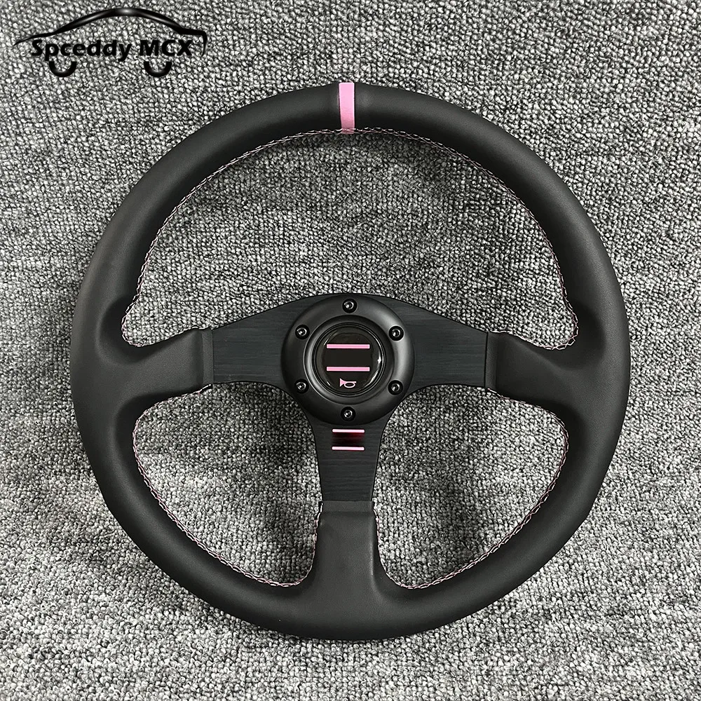 JDM Pink OM Real Leather 14inch 350mm Sports Racing Steering Wheel Universal Car Flat PCD 70MM