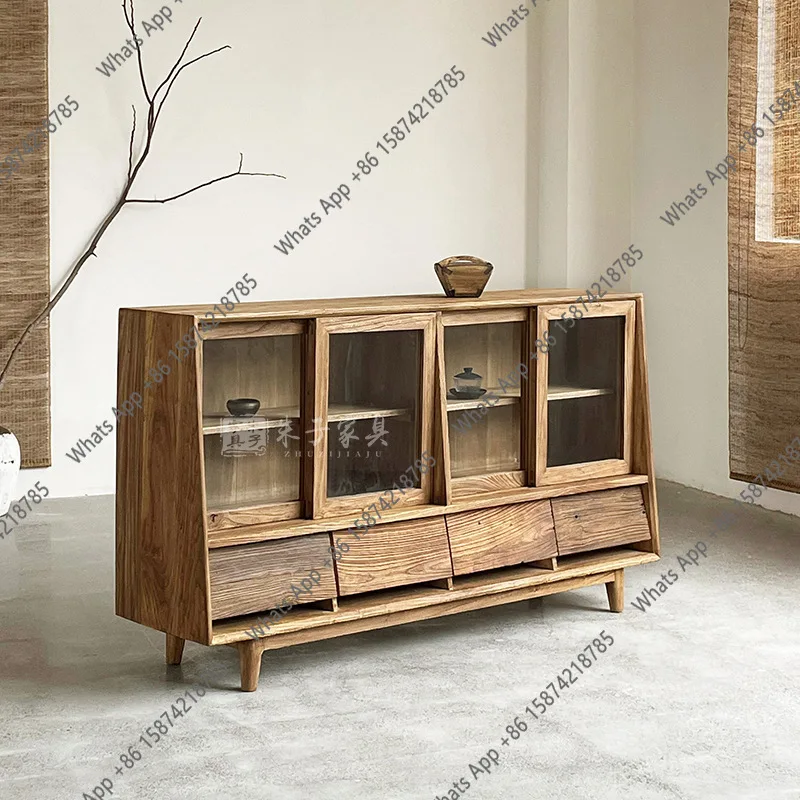 

Old elm dining side cabinet solid wood living room tea cabinet multi-functional glass storage designer home