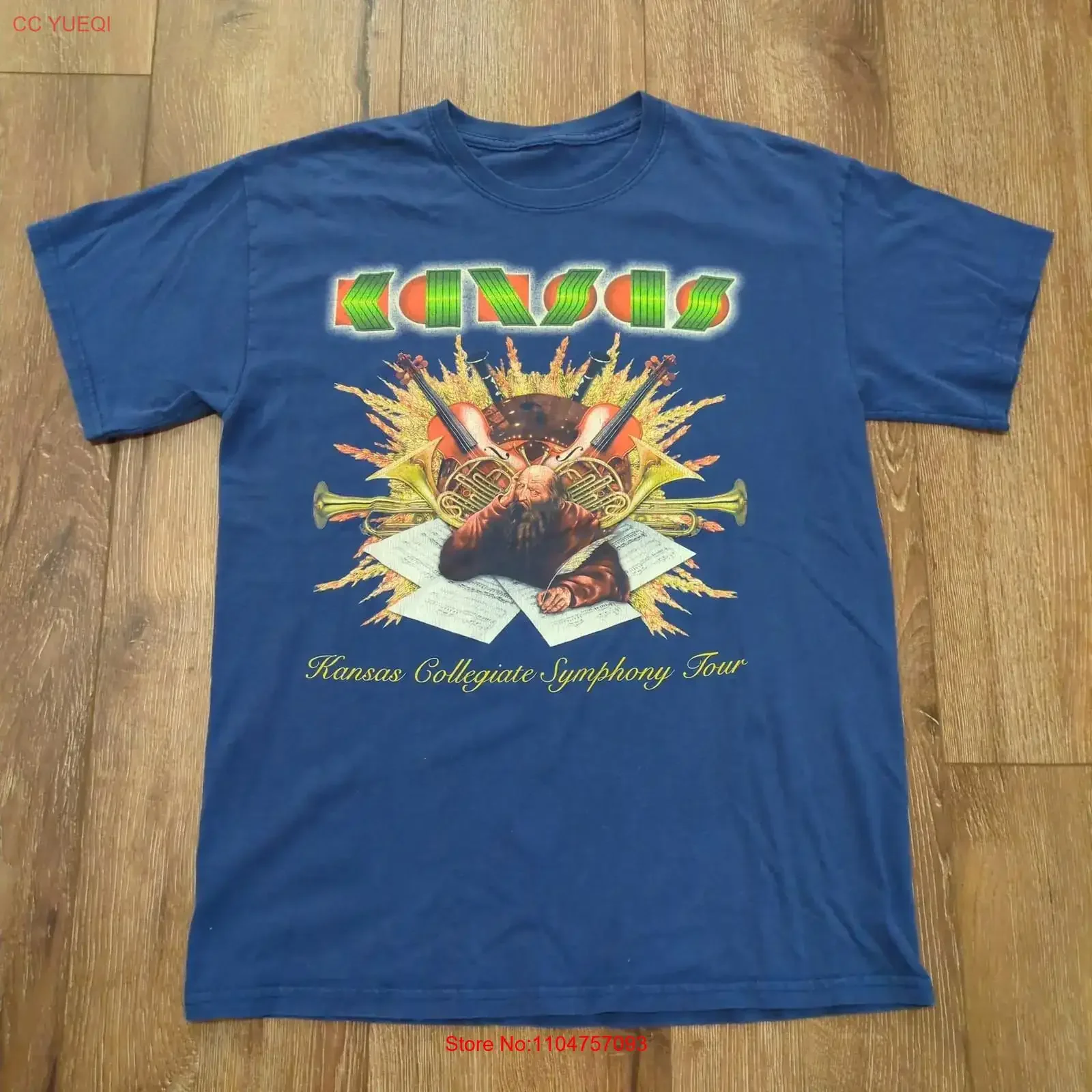 T-shirt VTG Kansas Collegiate Symphony Tour pour adulte, taille moyenne, bleu-vert, vintage, délavé, respirant, polyvalent, vêtements de créateur