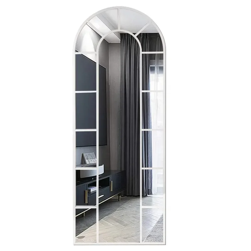 Gold, silver, black aluminum frame, vintage wrought iron arch, design floor mirror