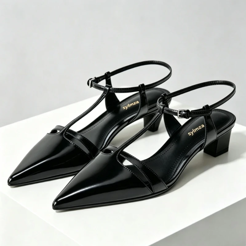Patent Leather Kitten Heel Women Pumps Sexy Pointed Toe T Strap Design Elegant Dress Shoes Party Designer High Heels for Ladies