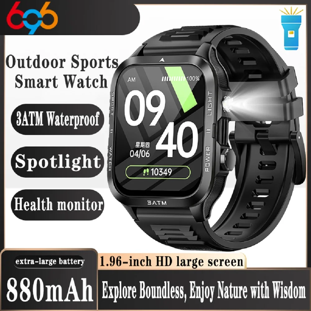 

Outdoors Smart Watches Men 880mAh Flashlight BT Call 3ATM Waterproof Smartwatch Message Push Health Monitor Women Sports Fitness