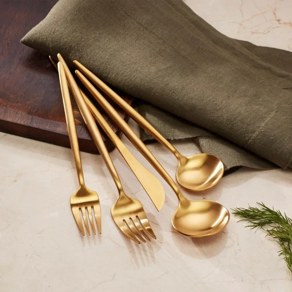 

for Kitchen Cutlery Set Skandia Zephyr Satin Gold 45 Piece Flatware Set Fork Metallic Spoons French Tableware Dinnerware Sets