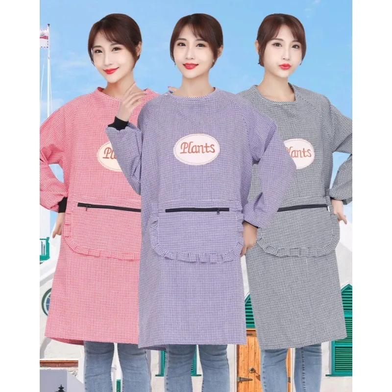 Household Kitchen Cleaning Baking Cooking Cotton Plaid Long Sleeve Apron Women\'s Waterproof Oil Proof Coverall Adult Fashion