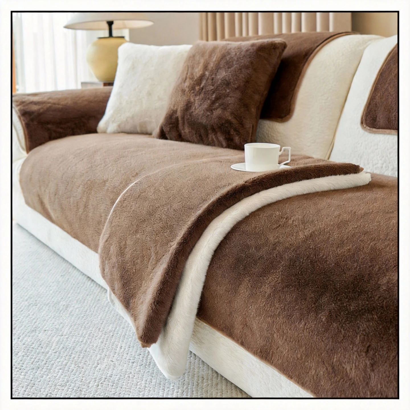 

French Faux Mink Fur Sofa Cushion New Autumn and Winter Thick Warm Plush Sofa Cover Super Soft Solid Anti-Slip Couch Slipcover