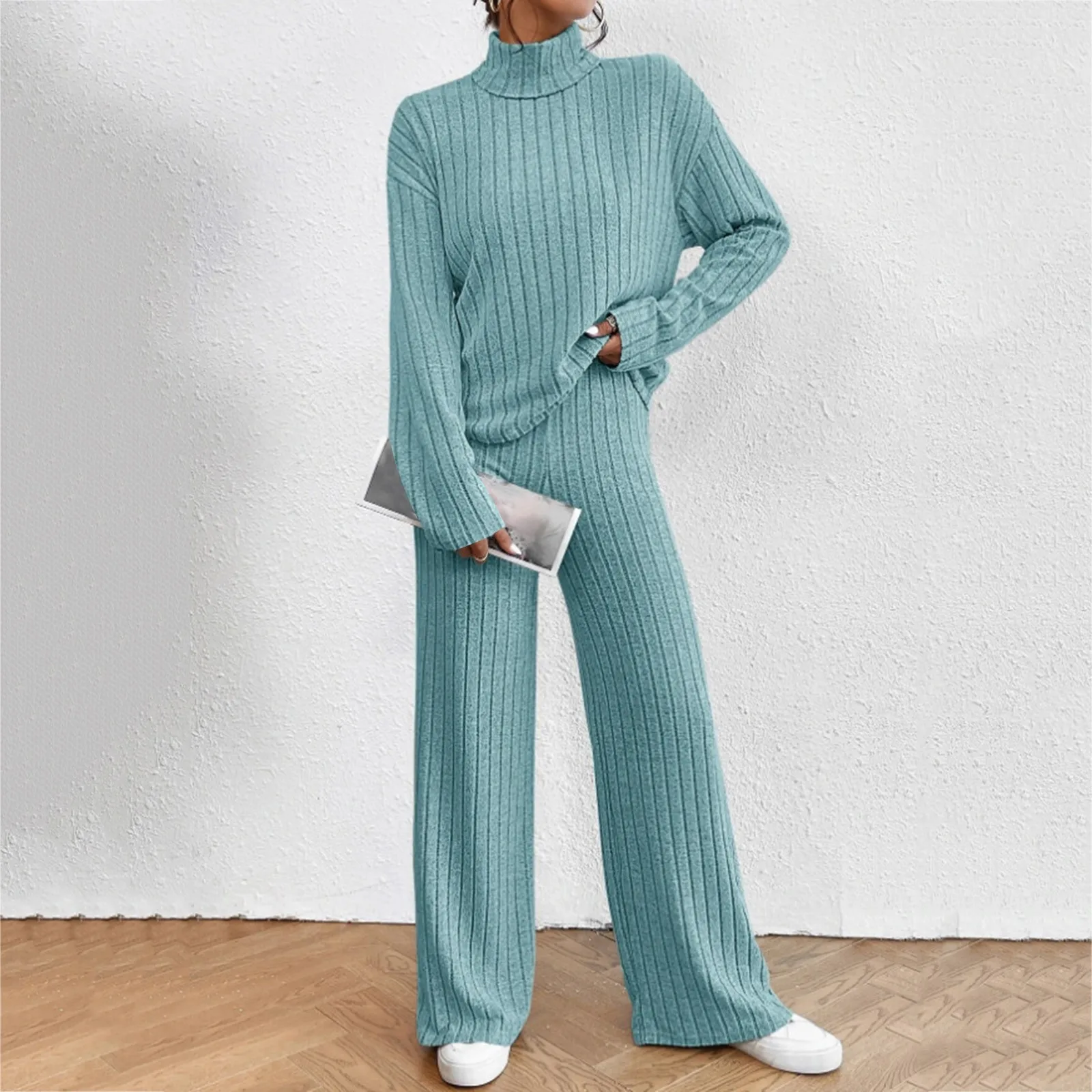 Solid Color Knitted 2 Piece Set Warm Long Sleeve Turtleneck T-Shirts+Loose Wide Leg Straight Trouser Suits Homewear Pajamas Sets