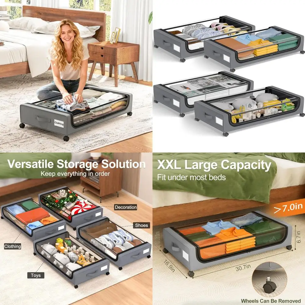 

Extra Large Rolling Underbed Storage Boxes with Lids - 4 Grey Drawers for Clothes, Shoes, Dorms