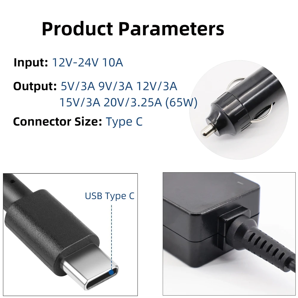 Ładowarka samochodowa USB typu C do laptopa 65W Uniwersalny adapter samochodowy 12V-24V Adapter zapalniczki samochodowej DC do Macbooka Hp Lenovo Asus Notebook — zdjęcie produktu 5