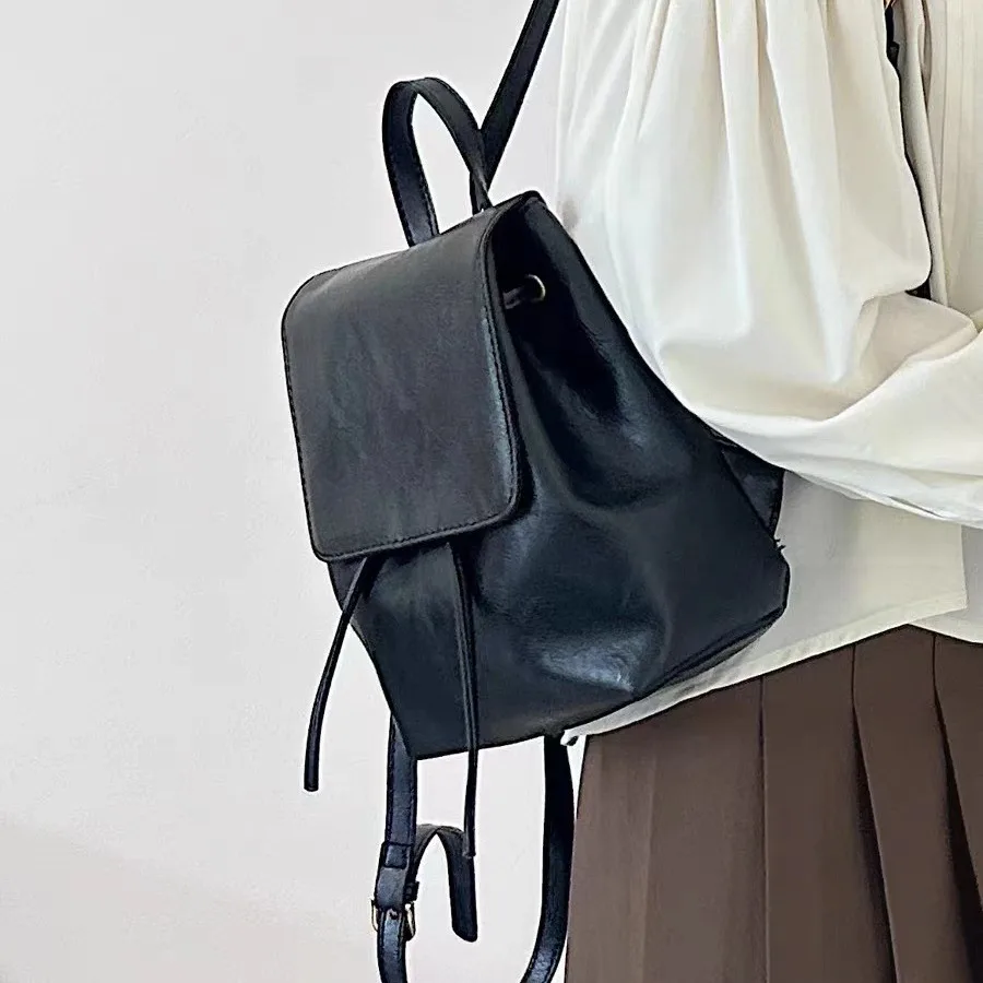 NEW Small Drawstring Flap Backpack Women PU Leather Textured School Backpack Fashion Travel Commuter Bag Girl Bakpacks
