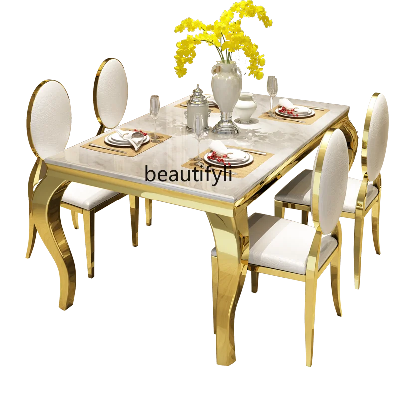 

Nordic Mild Luxury Marble Dining Table Rectangular Large and Small Apartment Type Simple Stainless Steel Dining TablesChairs Set