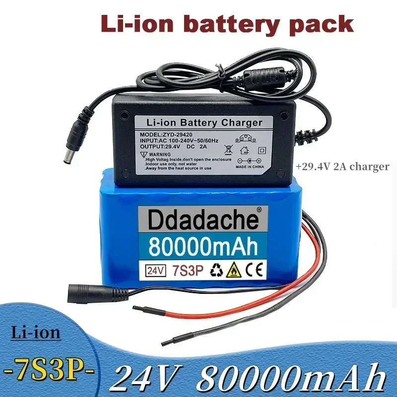 

2024 New High Capacity 24V 80Ah 7s3p 18650 Lithium Battery 29.4v 80000mAh Battery Pack Electric Bicycle Electric+29.4v Charger