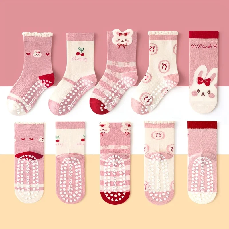 5 Pack Children's Floor Socks Non-Slip Soft-Soled Indoor Socks With Cherry Fruit And Letters Designed For Everyday Casual Wear.
