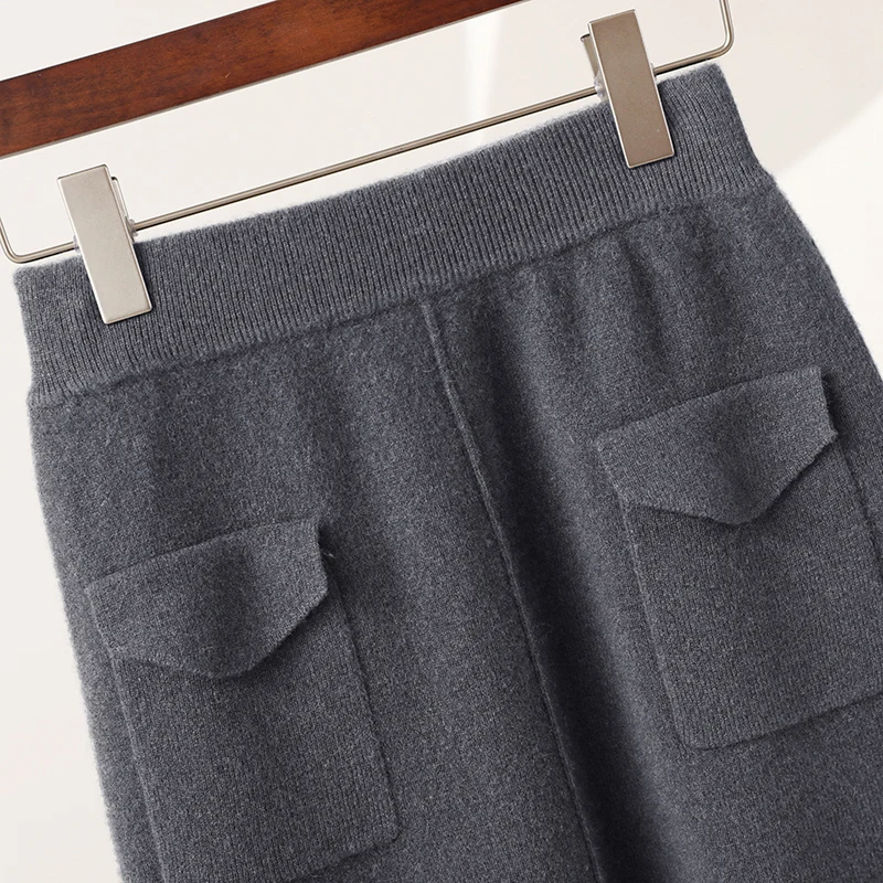 

Women's Pure Wool Skirts Spring Autumn Winter 100% Merino Wool Knitwear Office Lady Grace Fashion Pocket Skirt