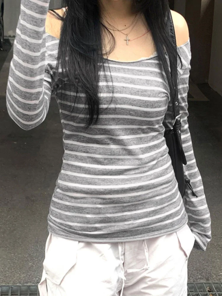 المرأة سليم صالح كم طويل شريطية المحملة خارج الكتف س الرقبة الكورية Y2K رمادي تي شيرت النمط الياباني الأساسي لربيع الخريف #6