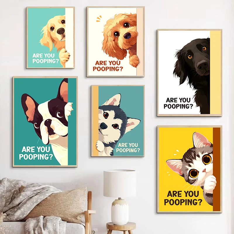 Are You Pooping Posters Funny Bathroom Sign Canvas Prints Cute Dog Cat Capybara Art Painting Wall Pictures for Toilet Decor