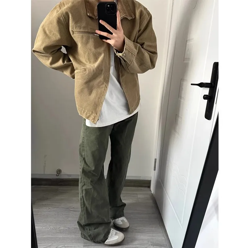 

Loose Straight Leg Men's Jeans Military Green Washed out Trendy Brand Casual Workwear Pants American High Street Vibe