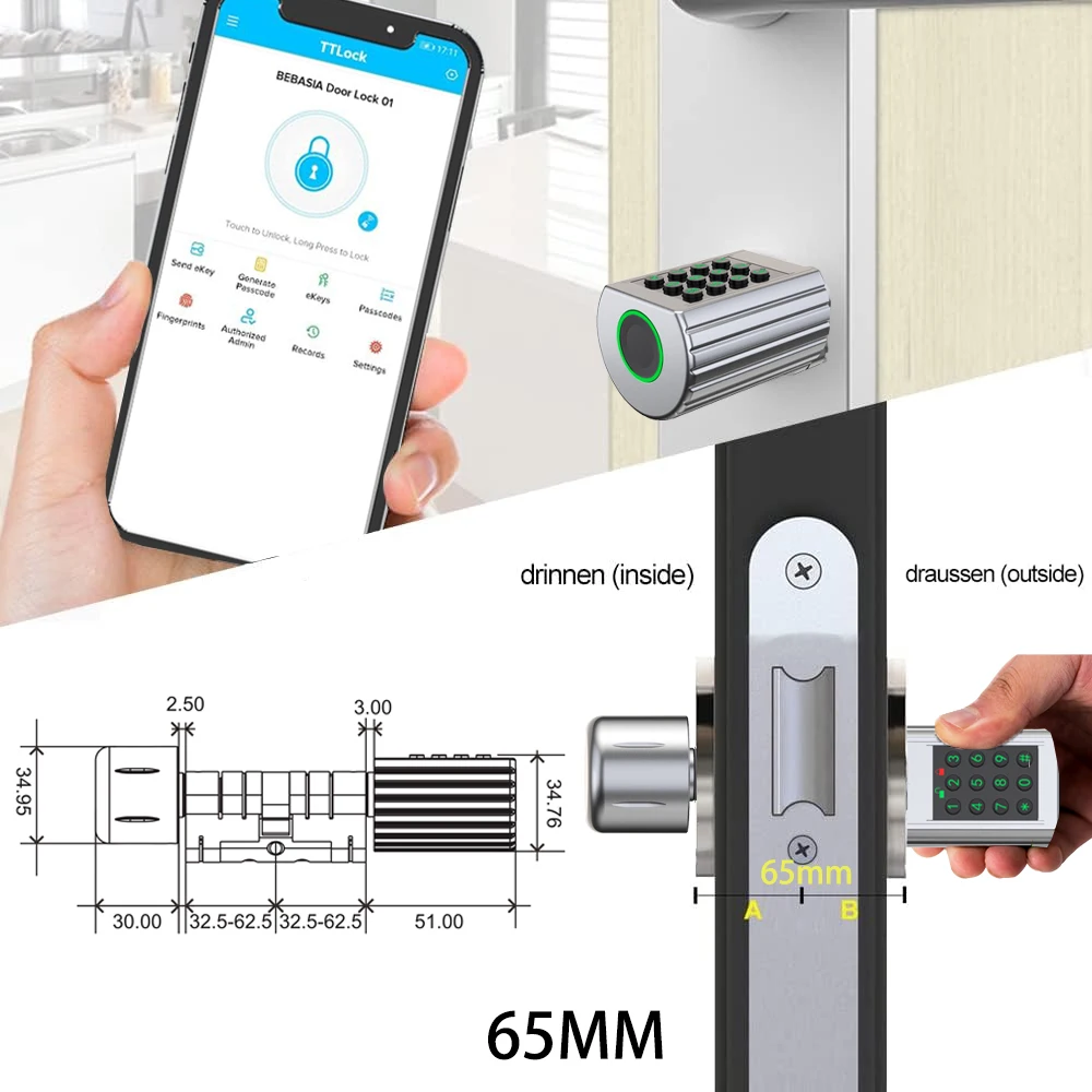 Imagem -04 - Ttlock-smart Electronic Fechadura da Porta de Impressão Digital Faça Você Mesmo Cilindro Núcleo Cartão ic Desbloqueio Fácil de Substituir App Desbloquear