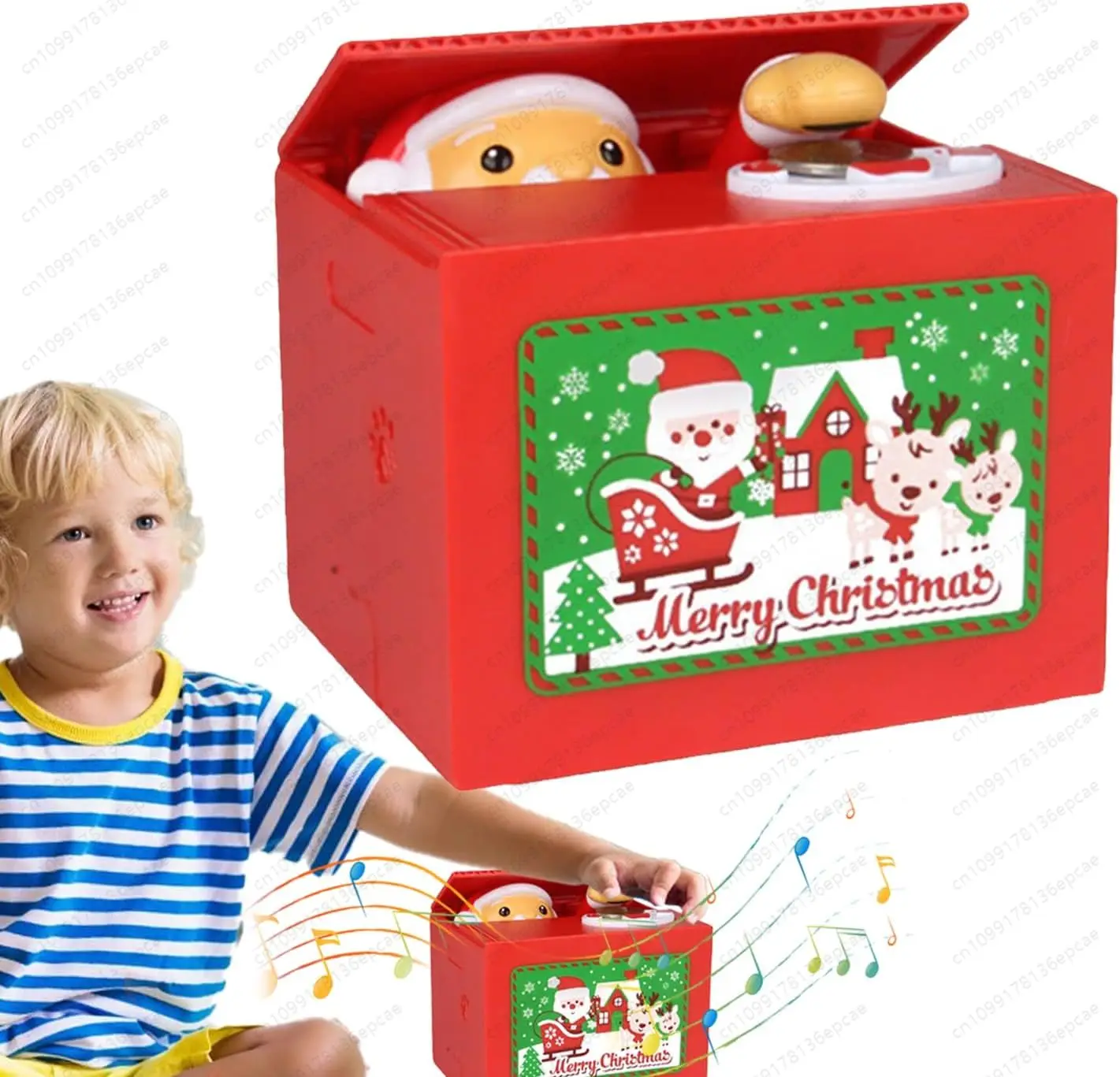 Santa, ATM, music code, safe deposit box, self-rolling piggy bank, stealing money, Christmas gift piggy bank.